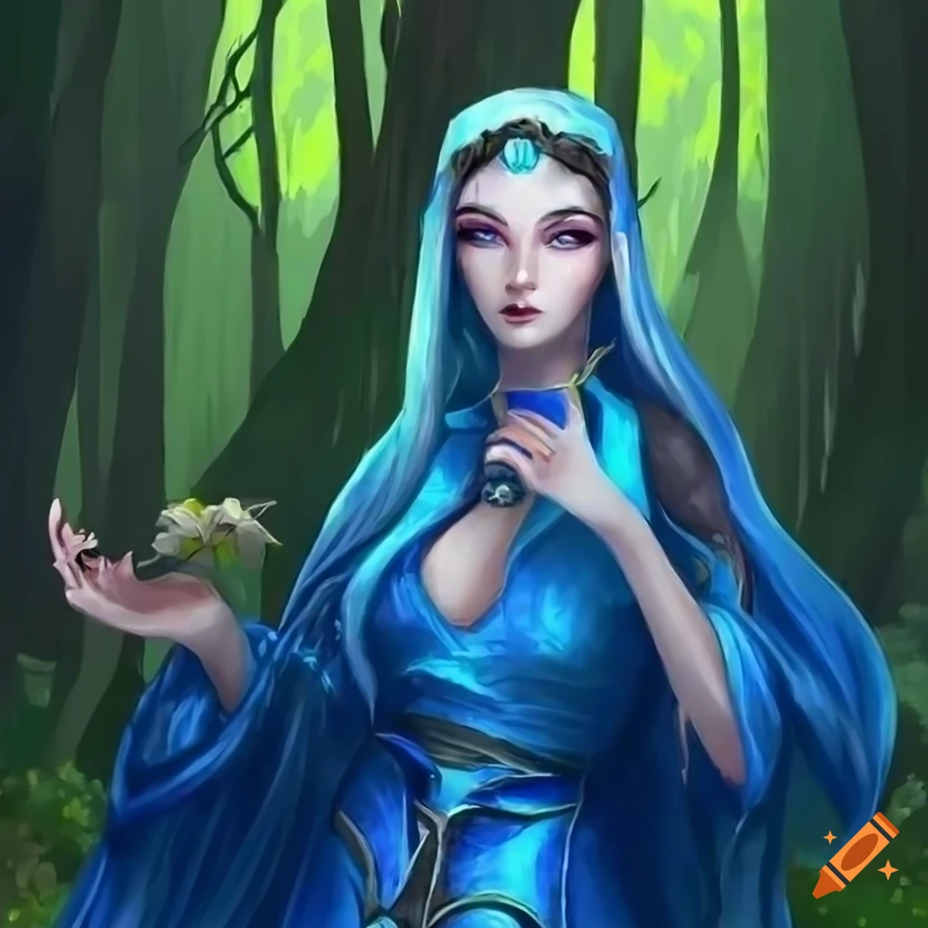 Hyperdetailed fantasy art of a priestess in a blue robe on Craiyon