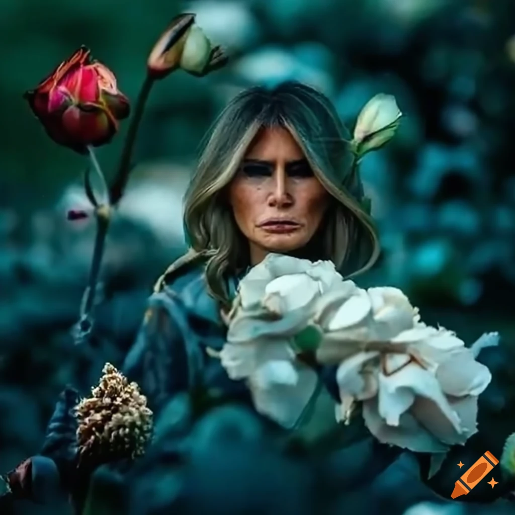 Melania destroying flowers in white house rose garden on Craiyon