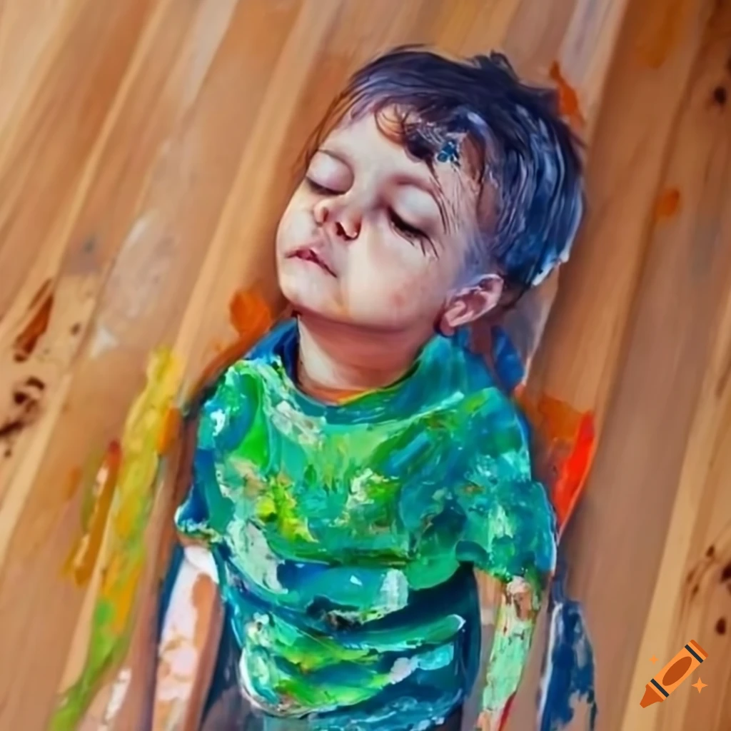 Palette knife painting of a toddler lying on hardwood floor on Craiyon