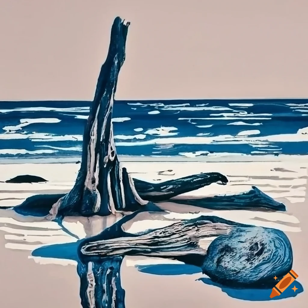 lino print of beach driftwood and marine debris