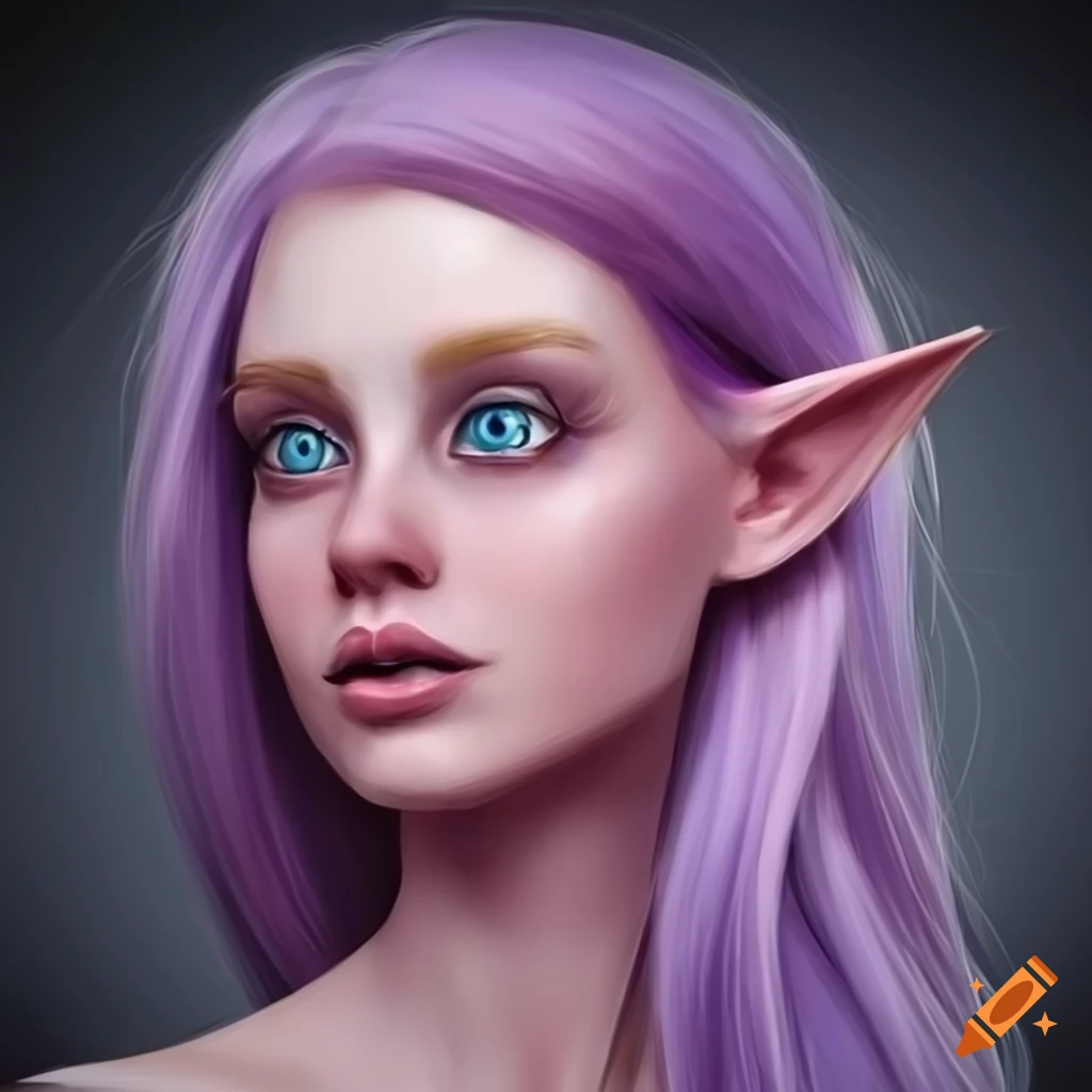 Photorealistic illustration of a light pink elf with lavender hair on ...