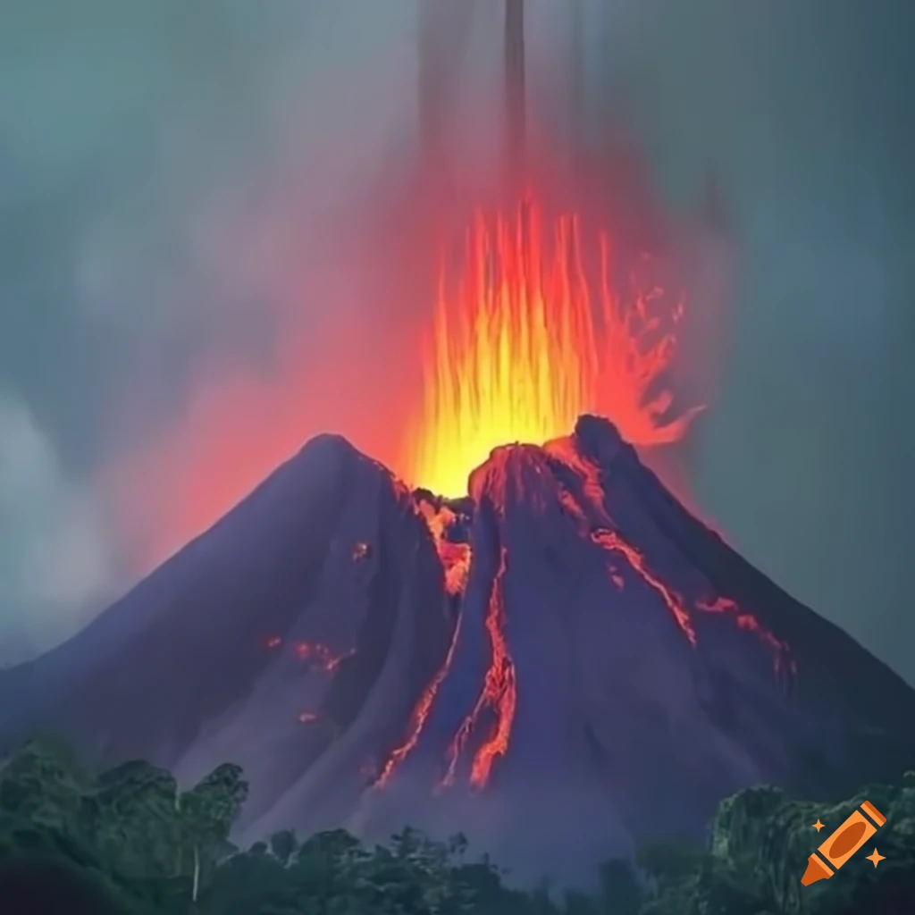 volcano erupting in the jungle
