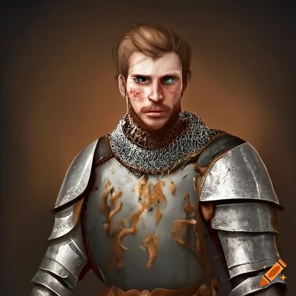 Medieval fantasy knight character with brown hair and green eyes on Craiyon