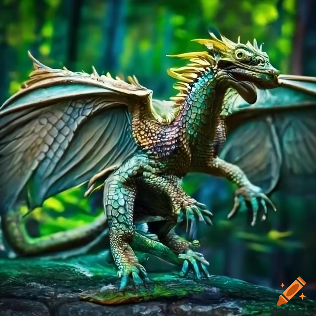 Bronze dragon in green mountain landscape on Craiyon