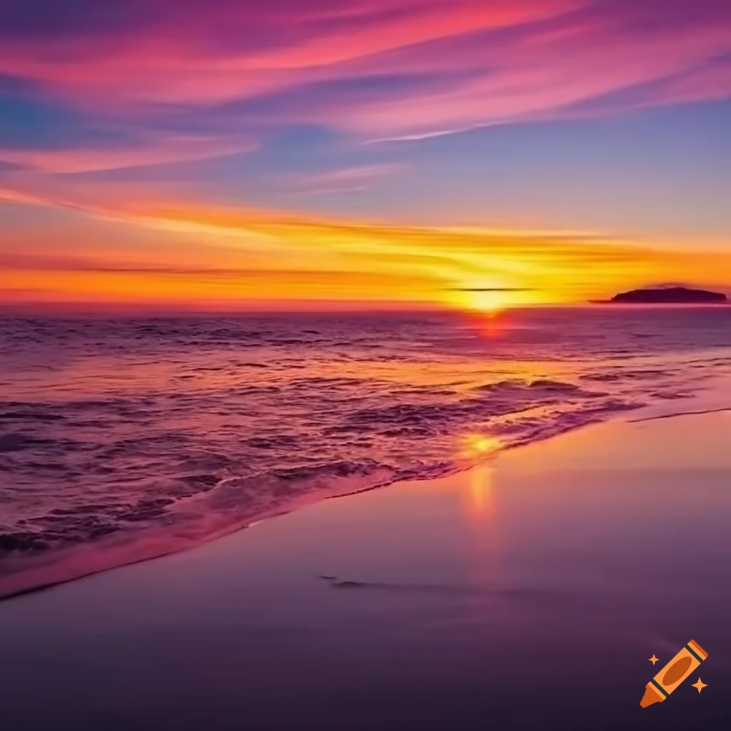 sunset with vibrant purple and blue clouds over a calm beach