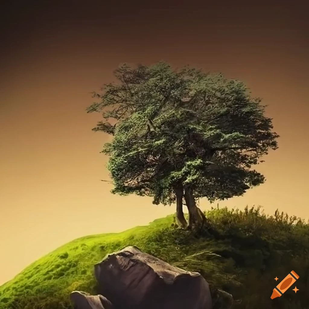 hyper-realistic depiction of a tree on a rocky hillside