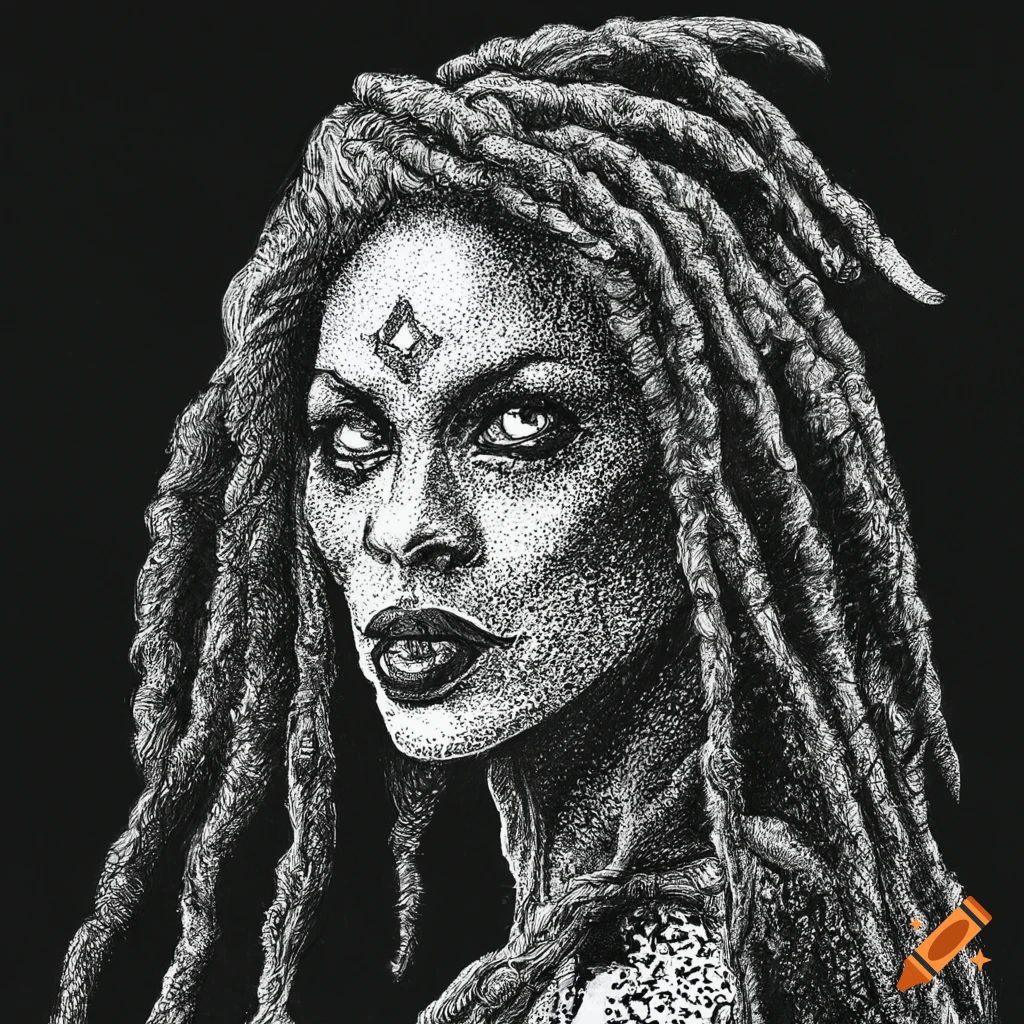 illustration-of-a-darkling-sorceress-with-dreadlocks-in-black-ink-on