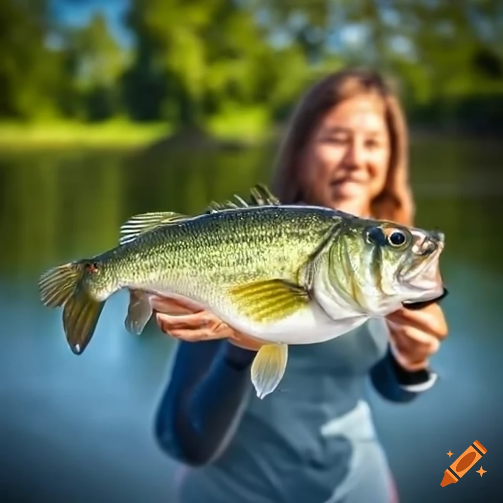 Woman catching a large bass fish on Craiyon