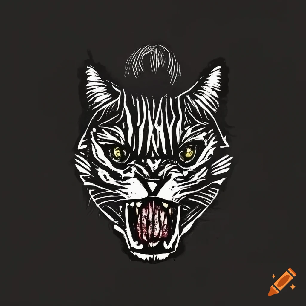 Monochromatic linocut style logo of an angry cat