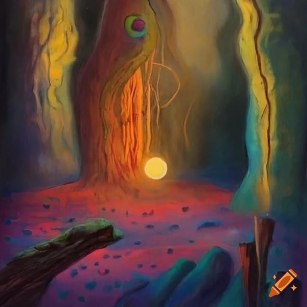 color painting of mystics in an ethereal landscape