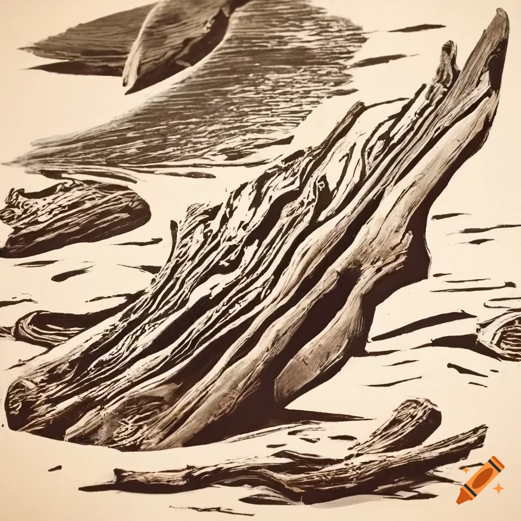 lino print of beach driftwood and marine debris