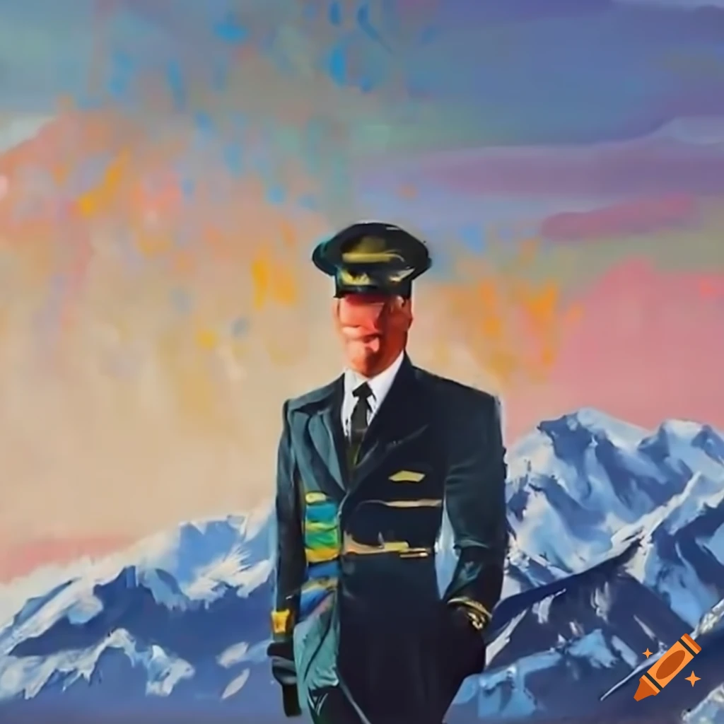 pilot standing in front of private jet with snow mountains in the background