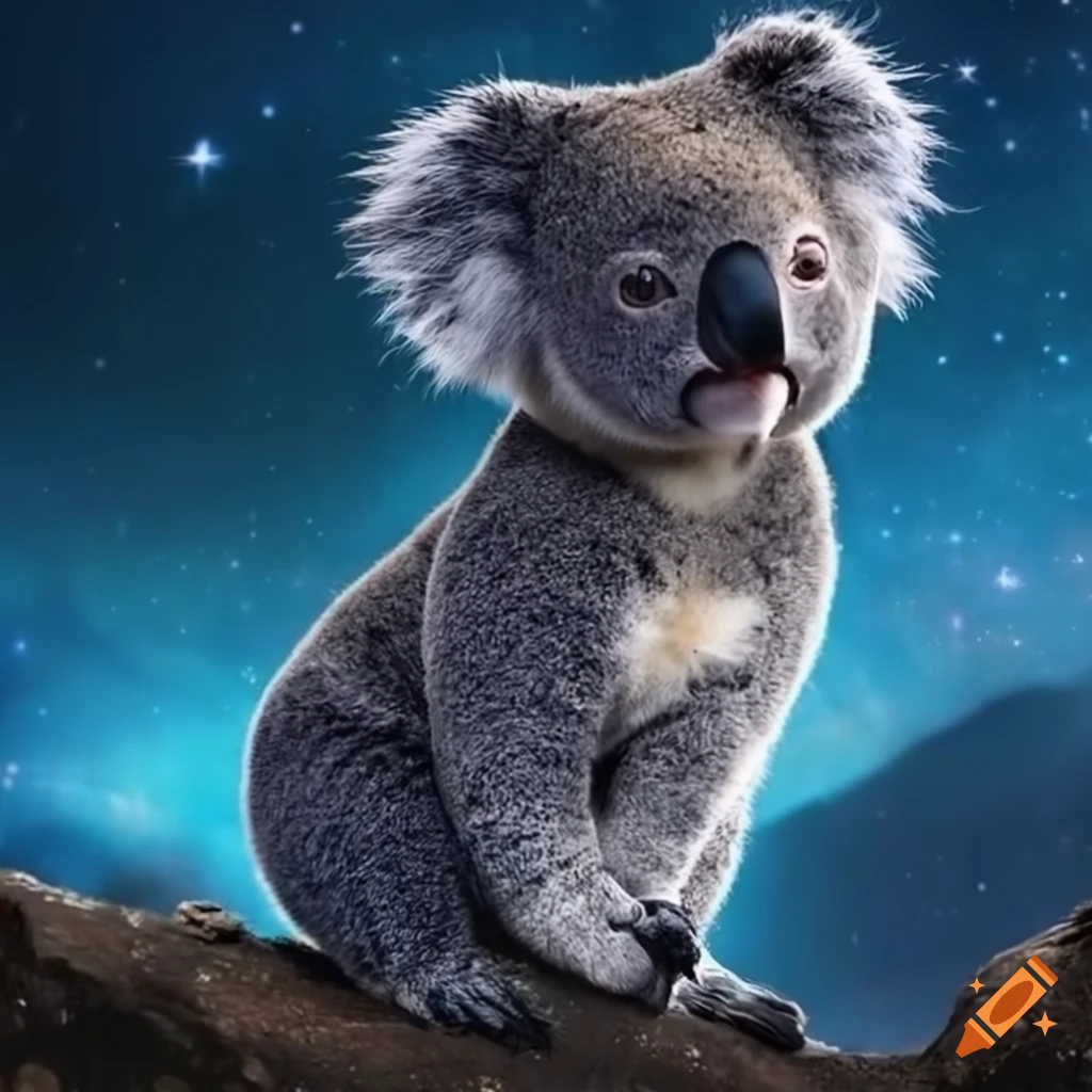 magical koala sitting on a mountain with the universe on its back