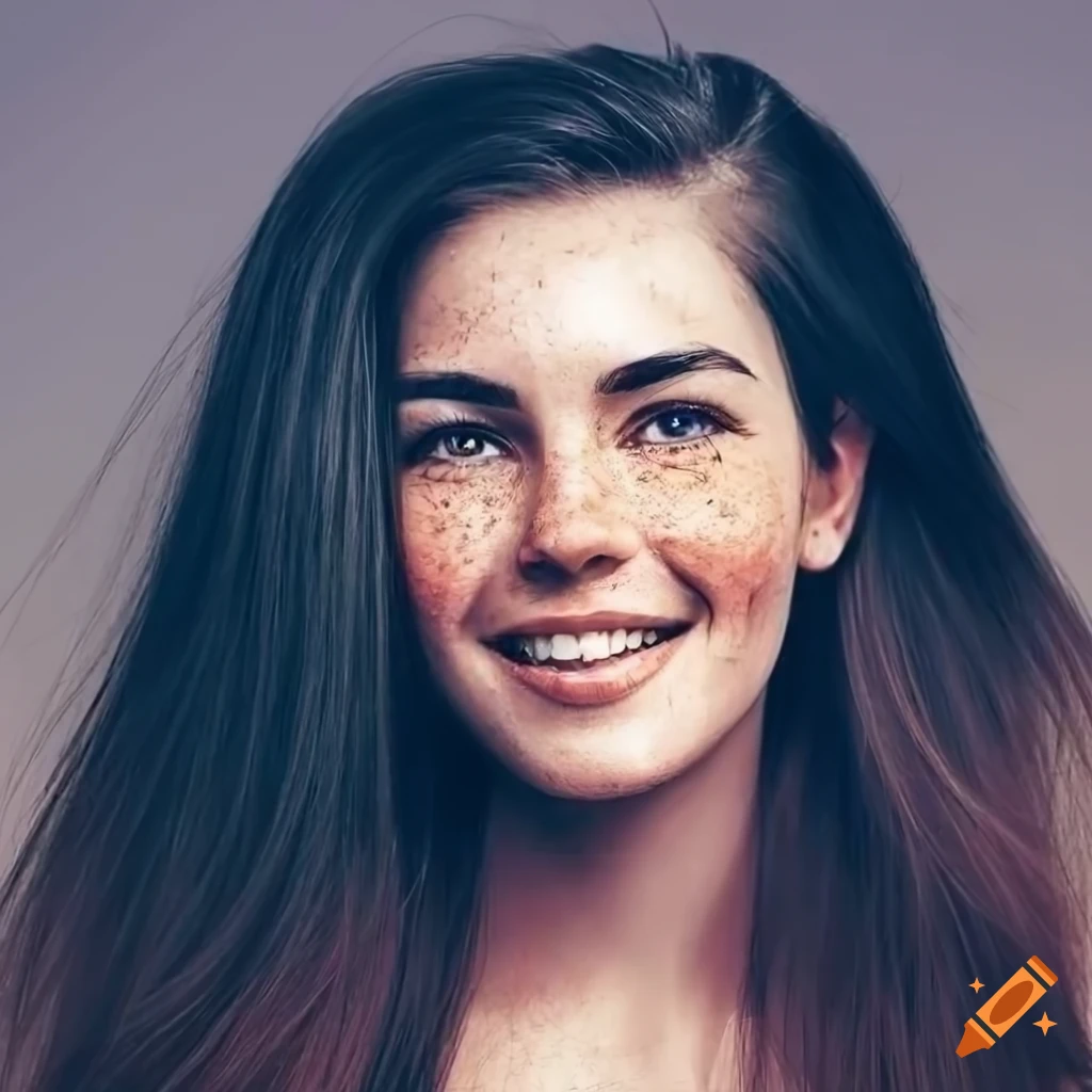 Portrait of a young woman with freckles and dark hair
