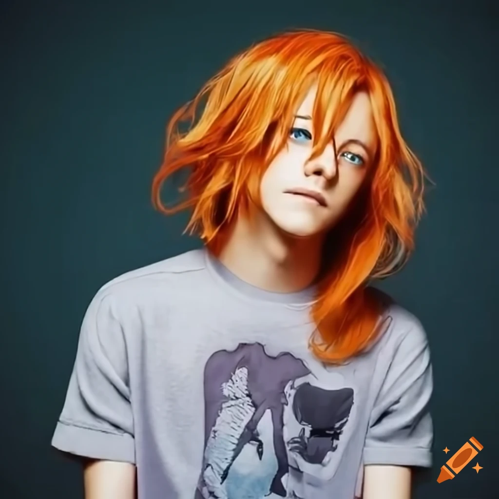 Character with orange hair and blue eyes in oversized tshirt on Craiyon