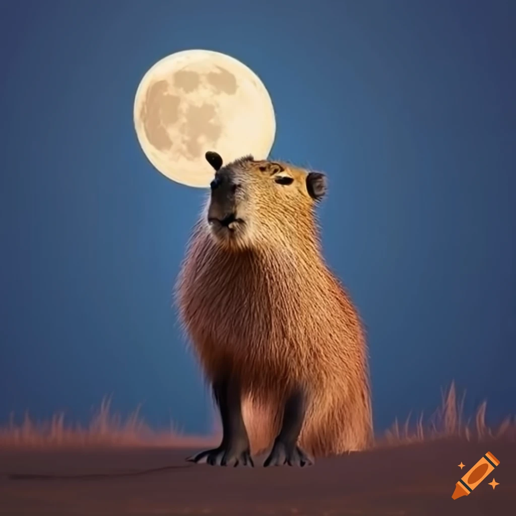 cute capybara howling at the full moon