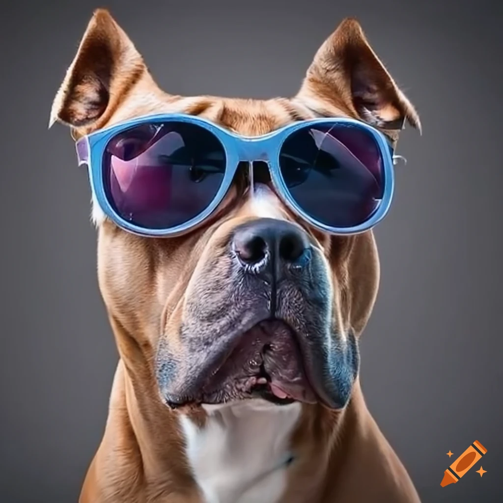 Stylish american stafford dog wearing sunglasses and fedora on Craiyon