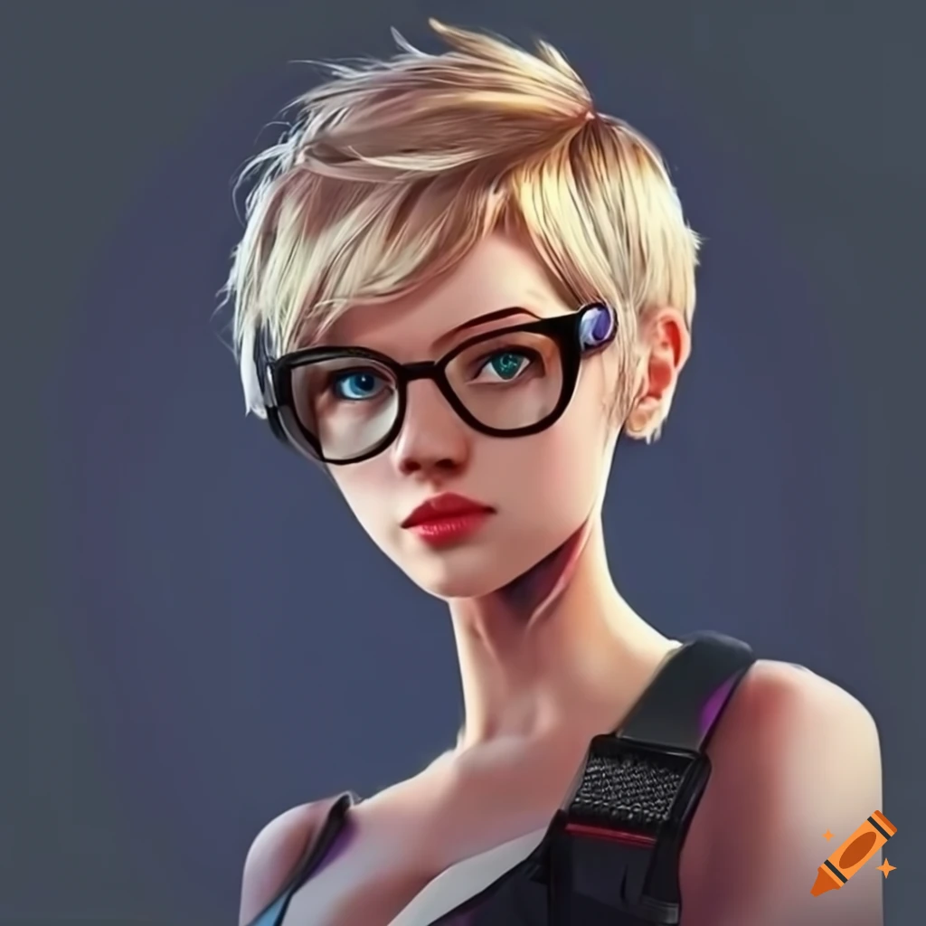 Girl with short blond pixie haircut wearing glasses playing video games