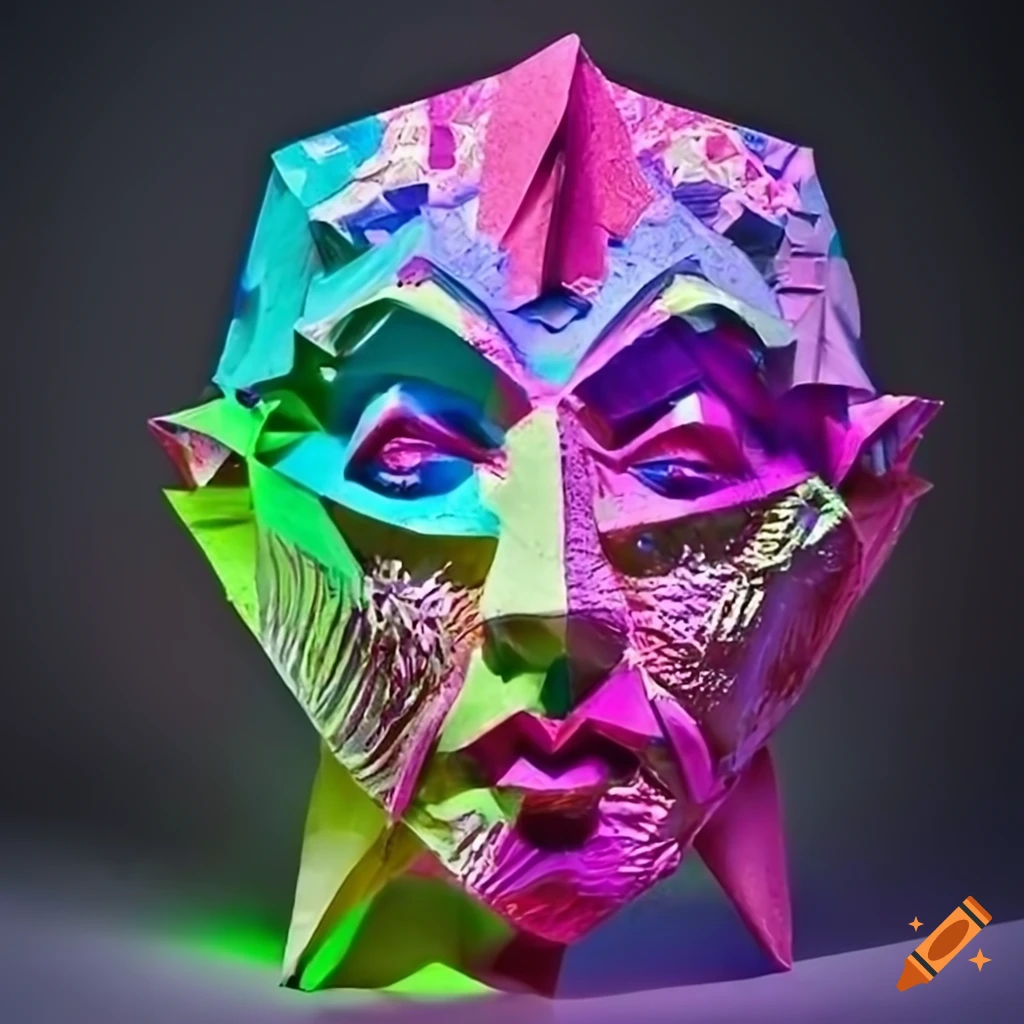 Sculpture of colourful origami figures with intricate details