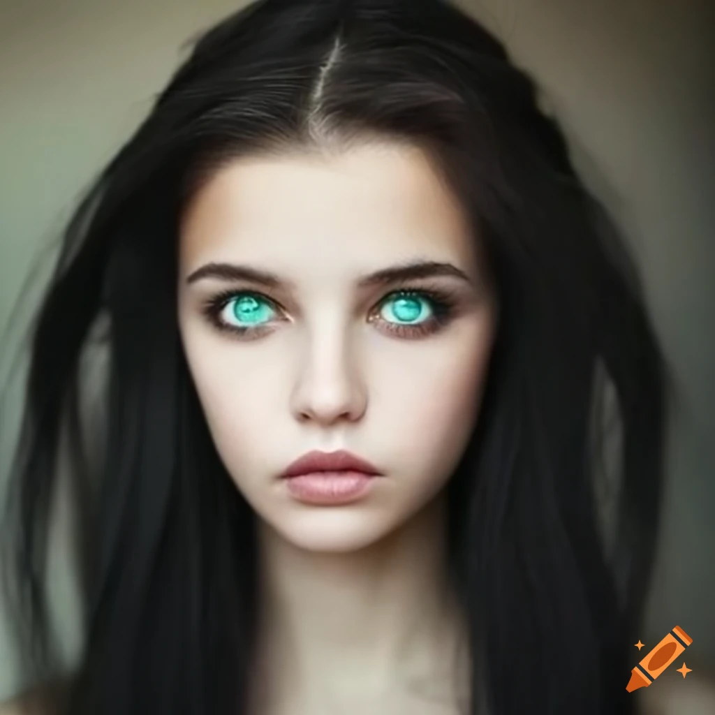 Portrait Of A Girl With Long Black Hair And Green Eyes