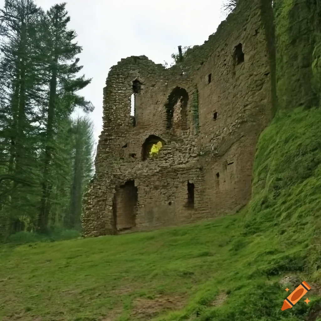 Picture of a medieval castle ruin in the woods on Craiyon