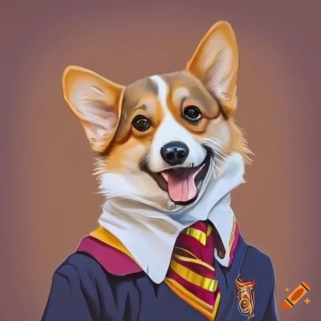 detailed drawing of a baby corgi in Gryffindor uniform