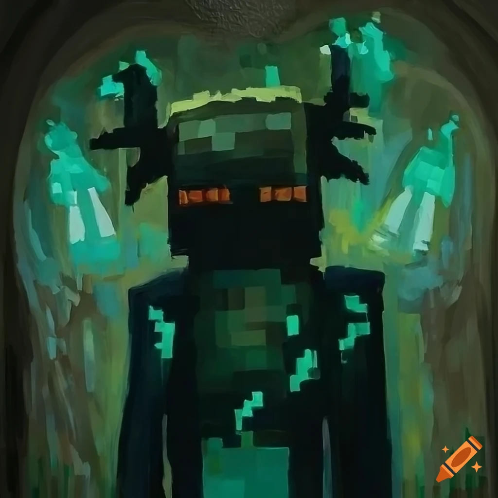 Acrylic painting of minecraft warden in underground city