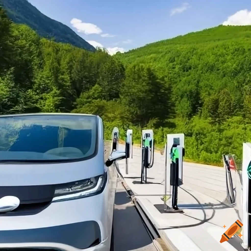 Chargepark for electric vehicles in front of mountains on Craiyon