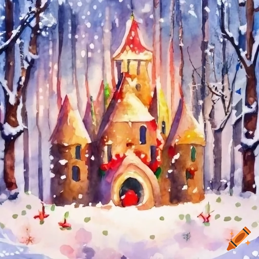 watercolor painting of a Christmas castle with holly wreaths