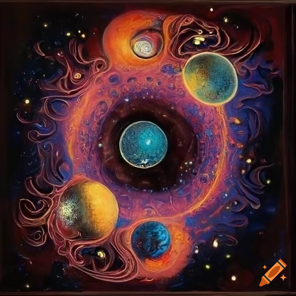 Dark oil painting of a cosmic tunnel surrounded by and angels