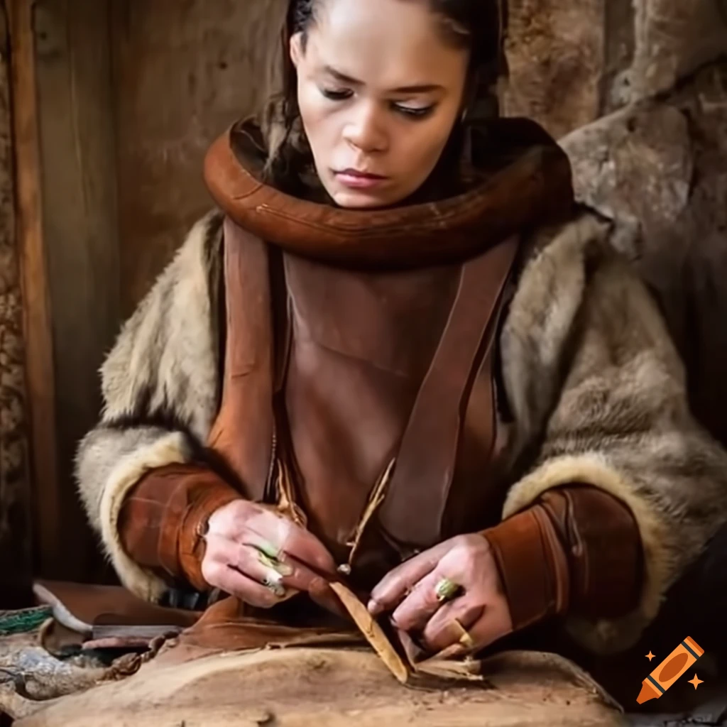 Medieval leatherworker crafting thick leather