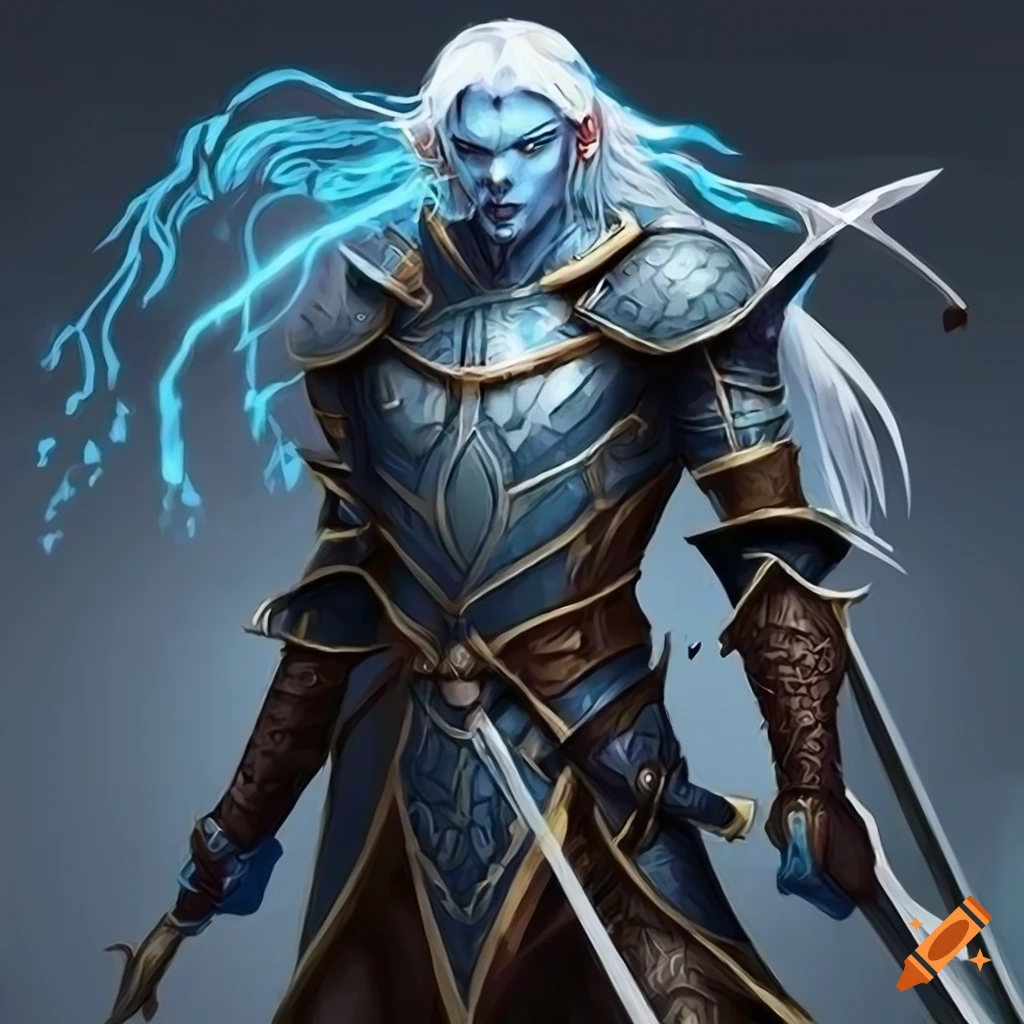 Artwork of a blue-skinned male elf ranger with swords on Craiyon