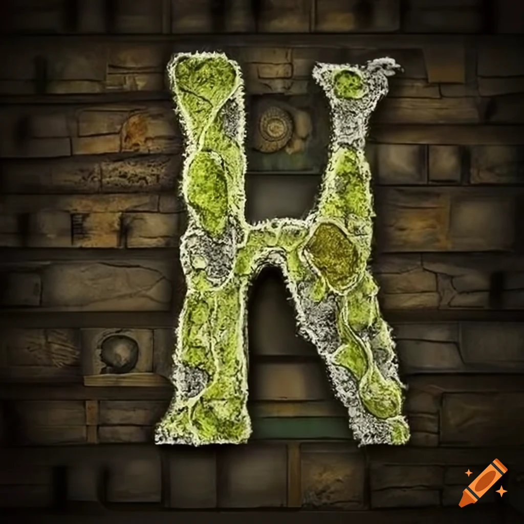 steampunk letter 'A' on a moss-covered stone