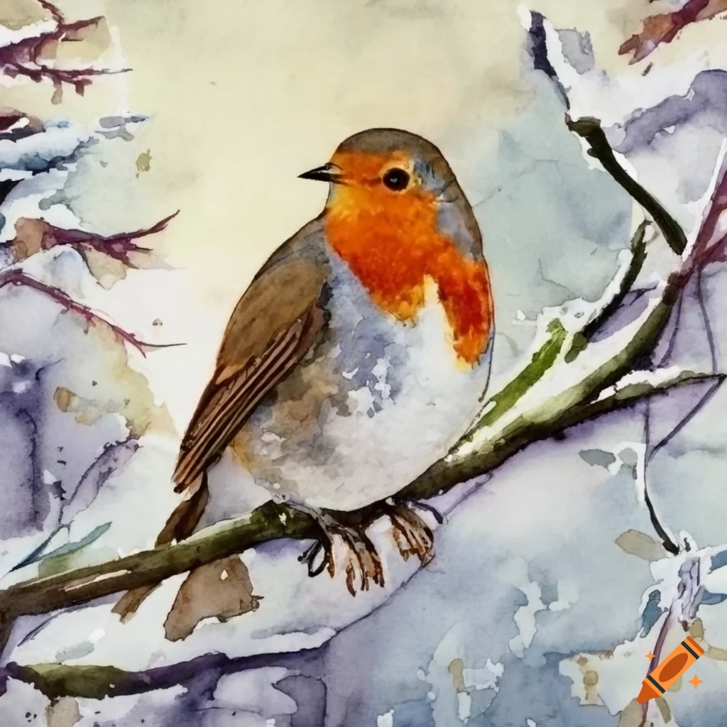watercolor portrait of a robin on snowy landscape