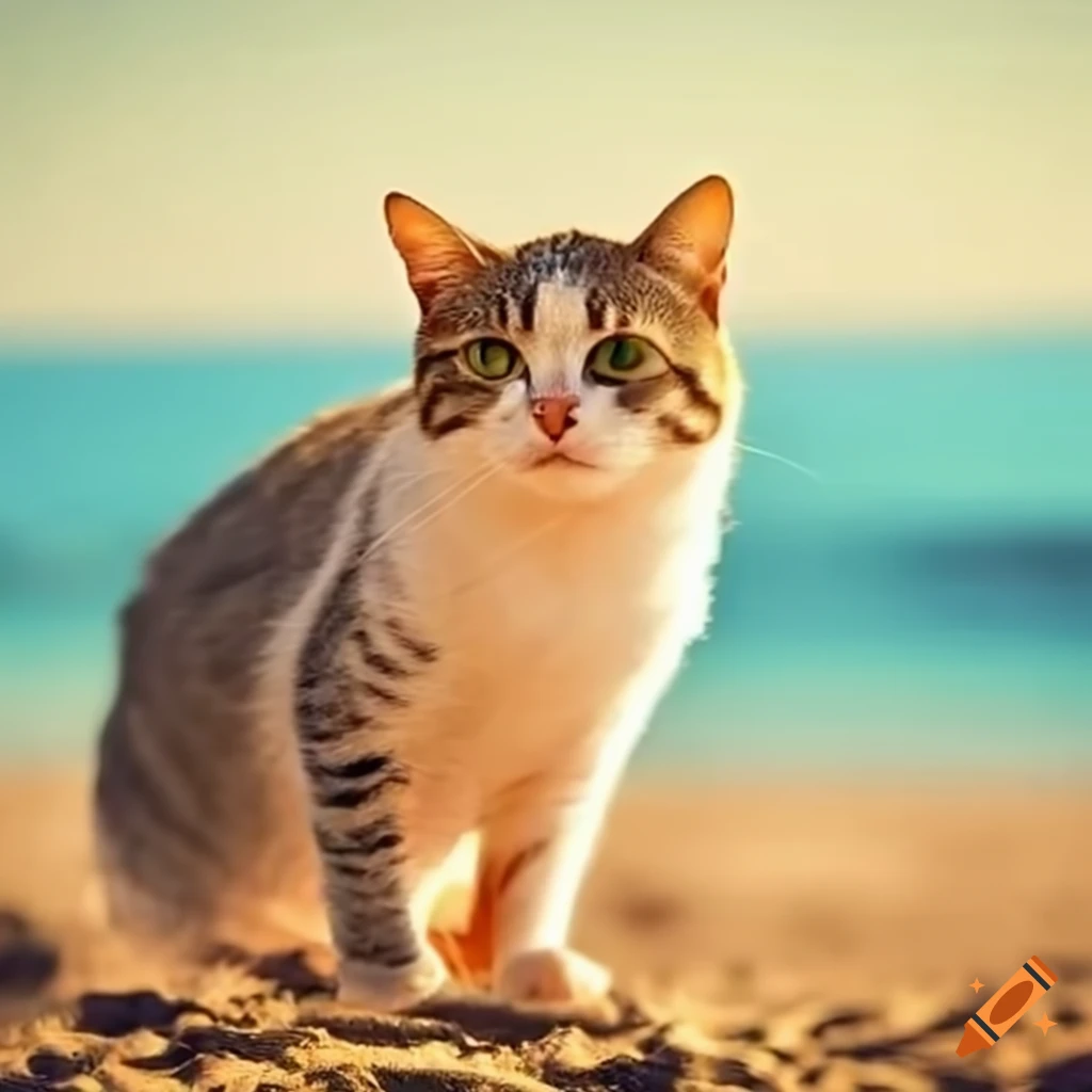 Beach Color Cat Cats observing colorful sunset on a beautiful beach on Craiyon