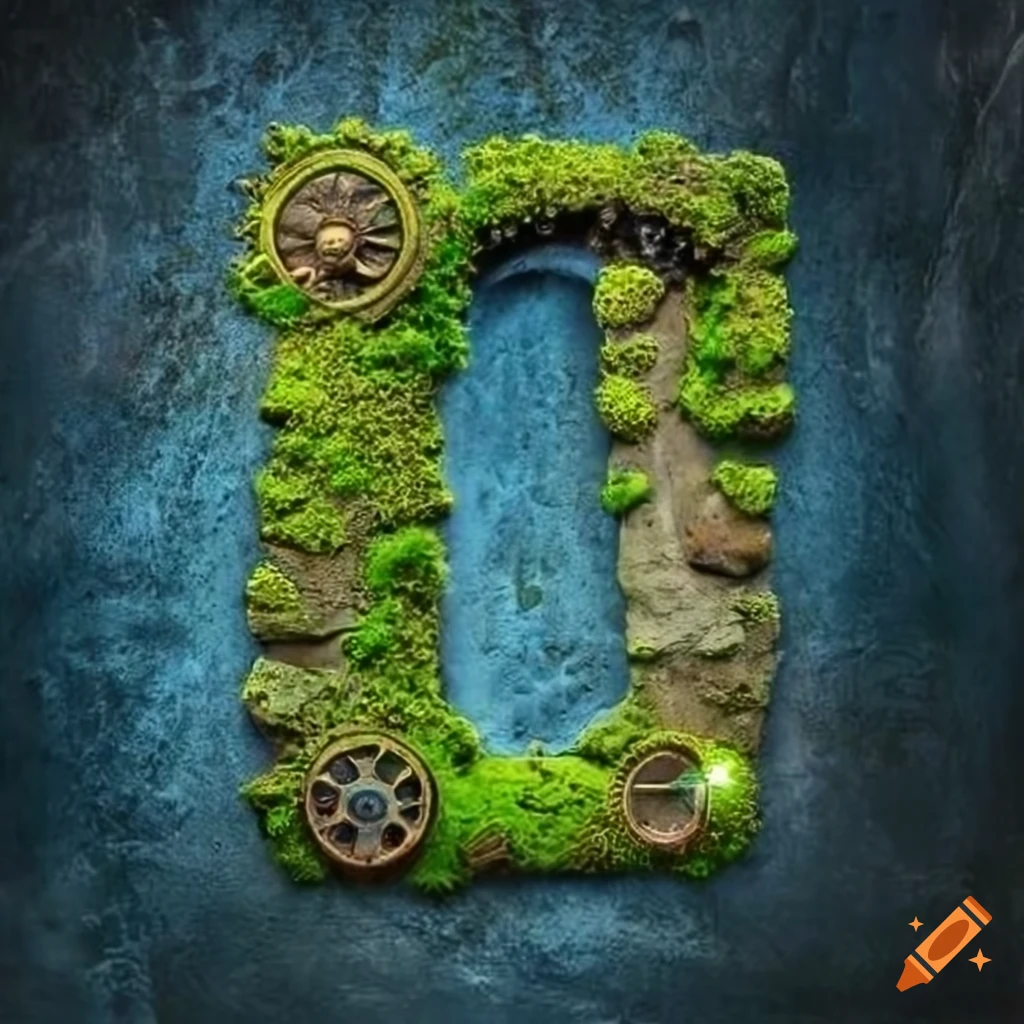 steampunk letter "A" on moss-covered stone