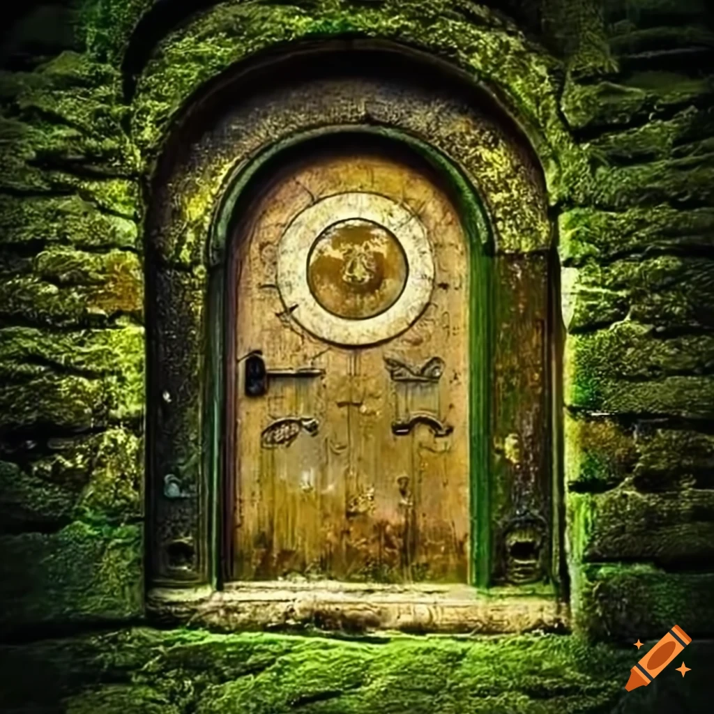 Engraved figures of the sun and the moon on moss covered doors on craiyon