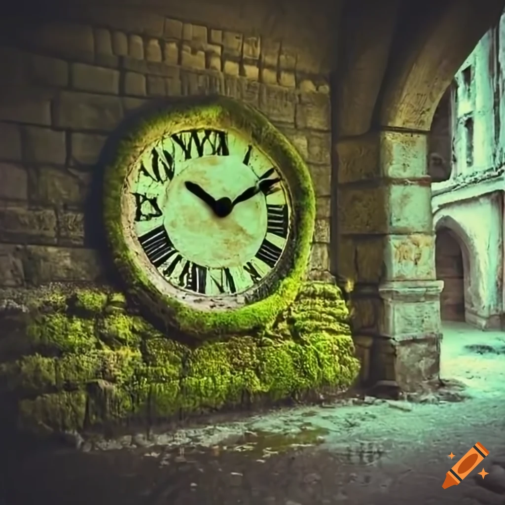 Mossy stone clock in an underground city on Craiyon