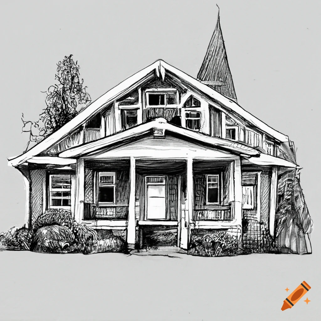 Black and white sketch of a suburban home