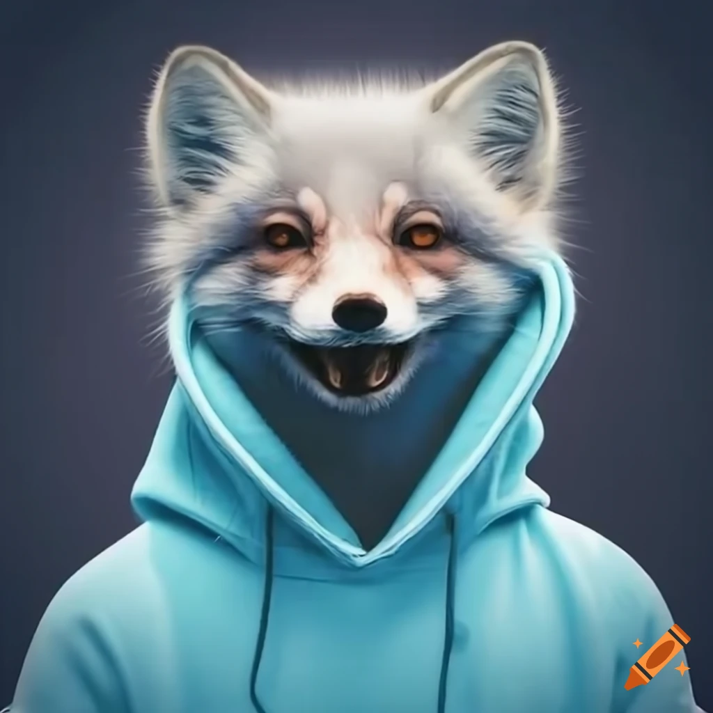 smiling arctic fox fursona wearing a hoodie