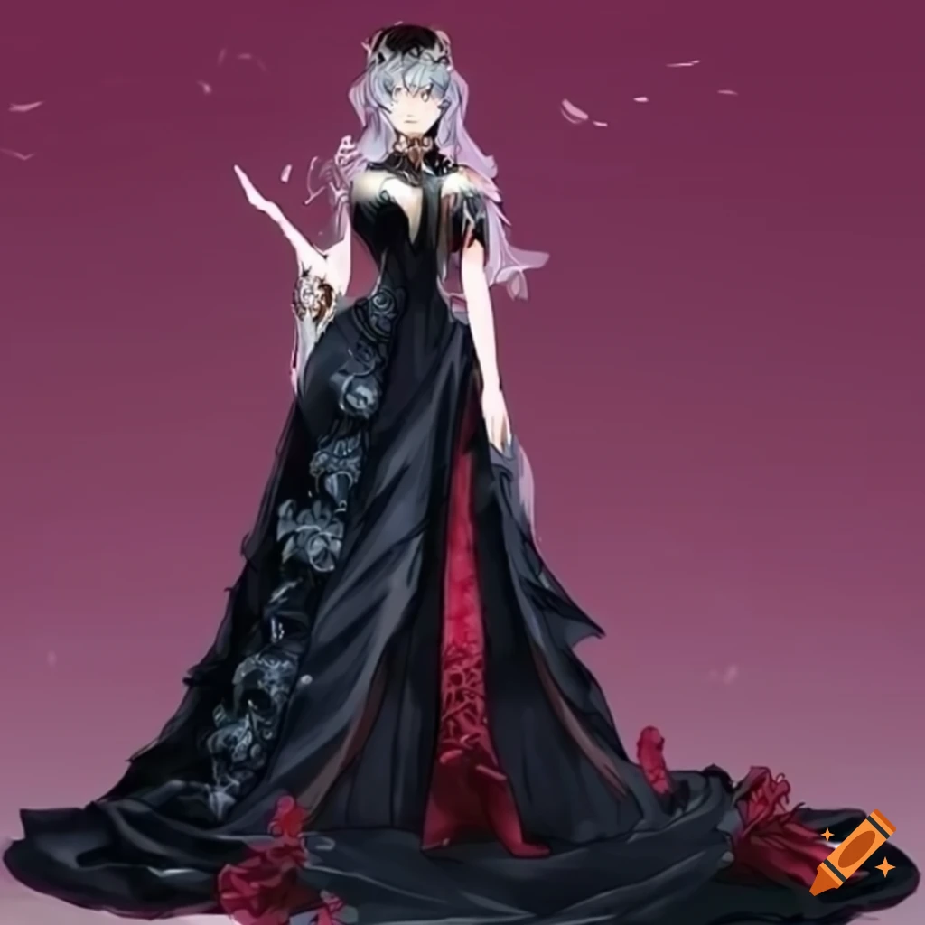 anime queen in a black rose-filled gown