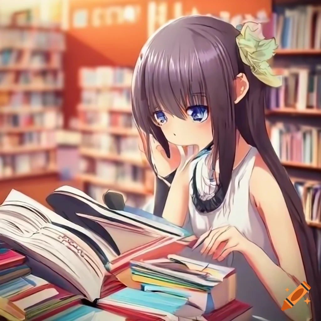 Illustration of happy girl reading a book. Japanese anime or manga style  illustration of a teenager