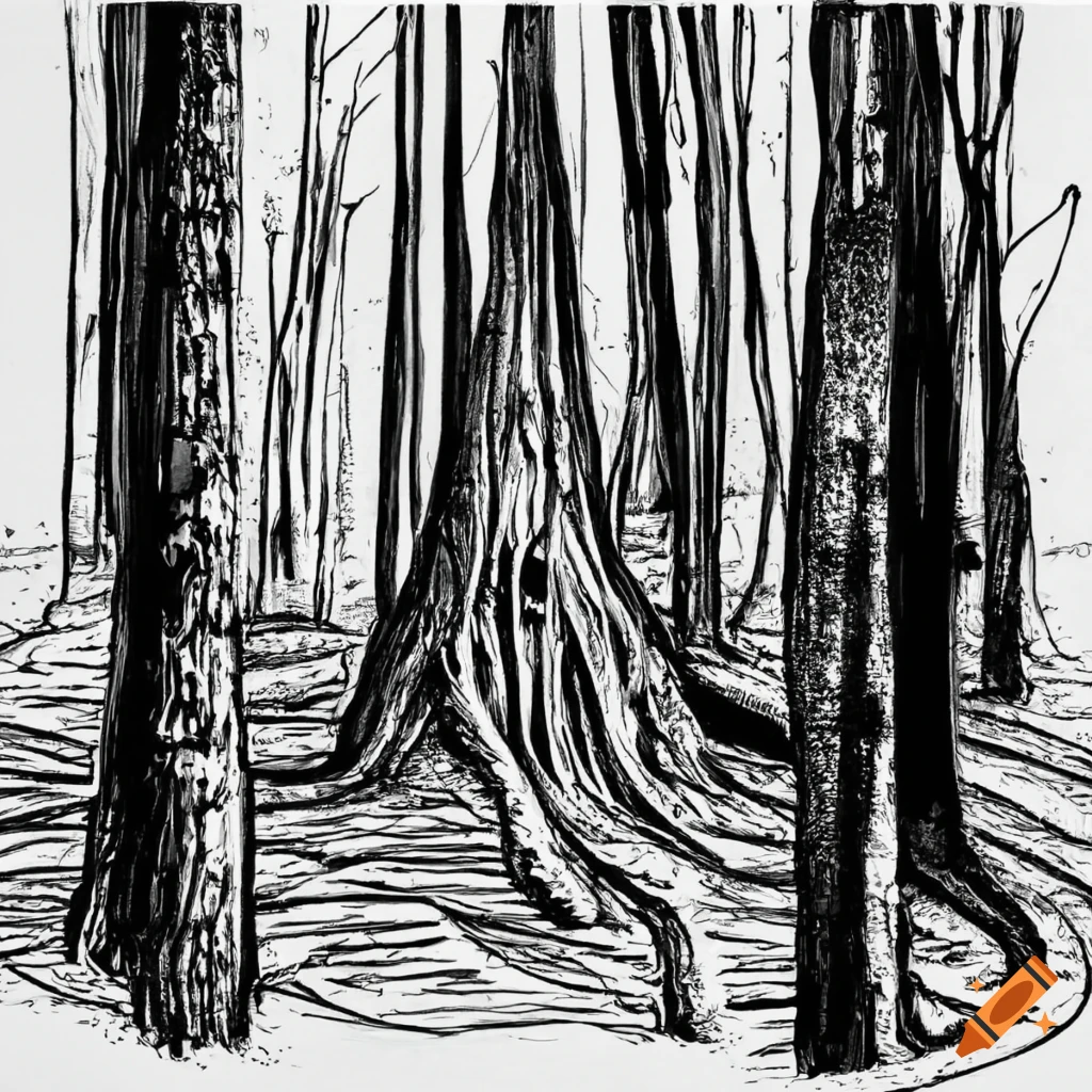 Black and white drawing of a forest