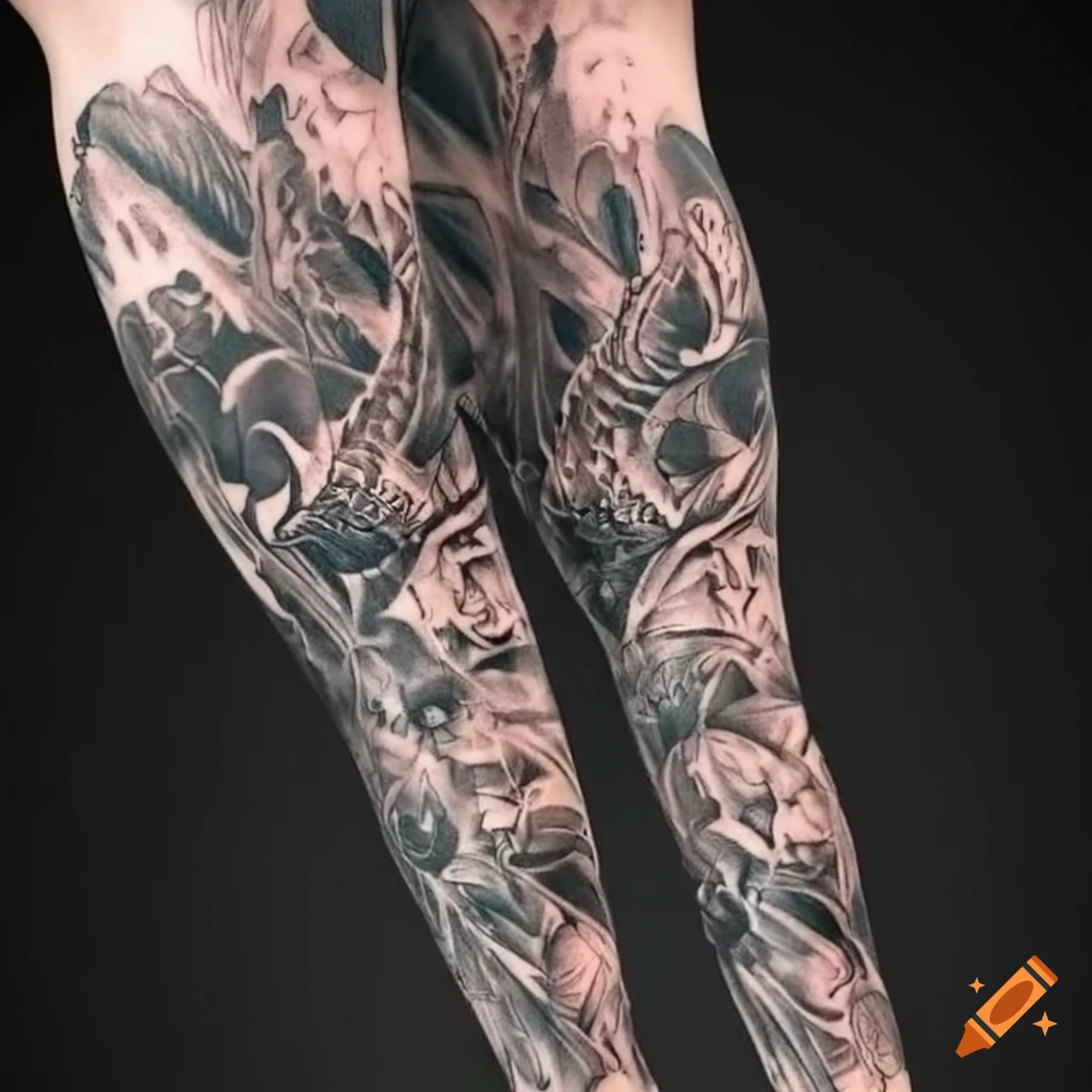 Black and gray realism leg sleeve tattoo with snake, dragon