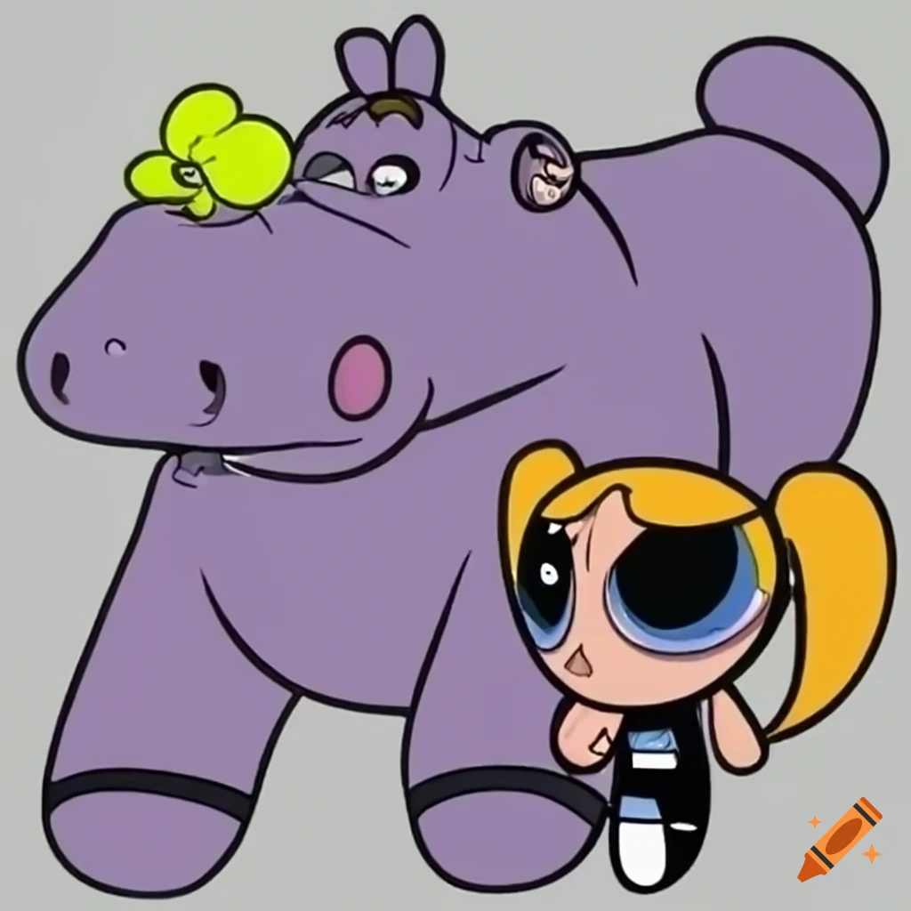 Powerpuff Girls Bubbles with a friendly hippo