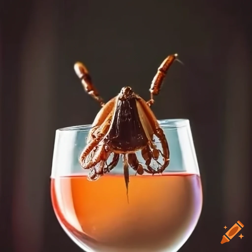 Tick insect having a glass of wine in a restaurant