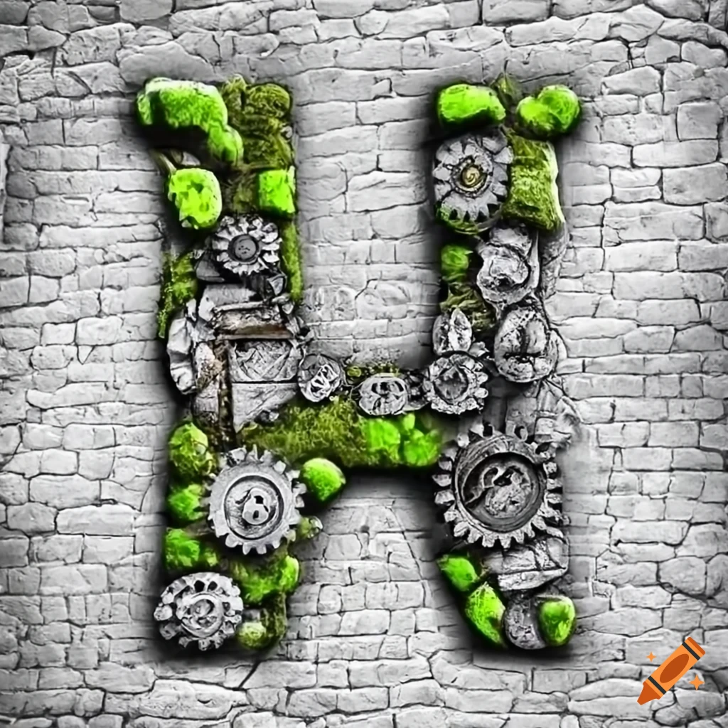 steampunk stone letter 'A' on moss-covered wall