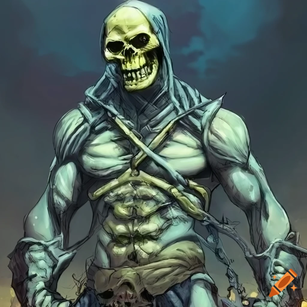 illustration of a hybrid Skeletor Mummy in Simon Bisley style