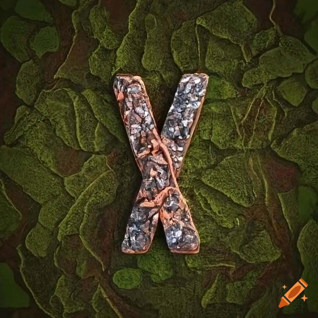 3D obsidian and copper "M" letter on mossy field
