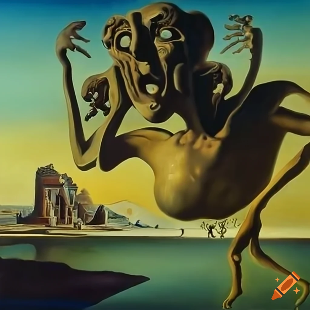 painting by Salvador Dali with bizarre figures in a surreal landscape